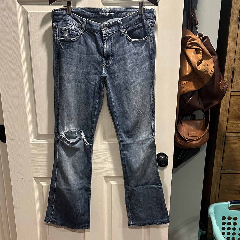 7 For All Mankind Distressed Blue Flare Jeans A Pocket